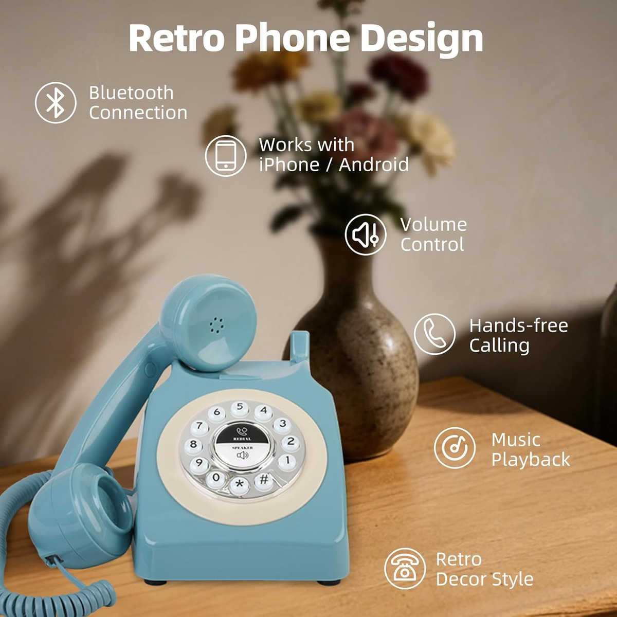 Retro Blue Bluetooth Landline Phone, Mid-Century Style Desk