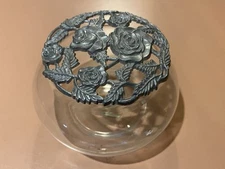 VINTAGE Potpourri Bowl PEWTER TOP  ROSES GLASS TRINKET Dish Vanity Jar