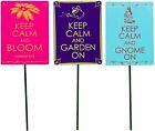 Groovy Garden Stakes 3 Pack 9 inch Potted Plant Stakes Gnome Keep Calm Stick