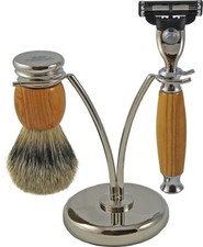 Olive Wood Shaving Set HANS BAIER Germany - Brush Badger Hair Silverspitz Razor