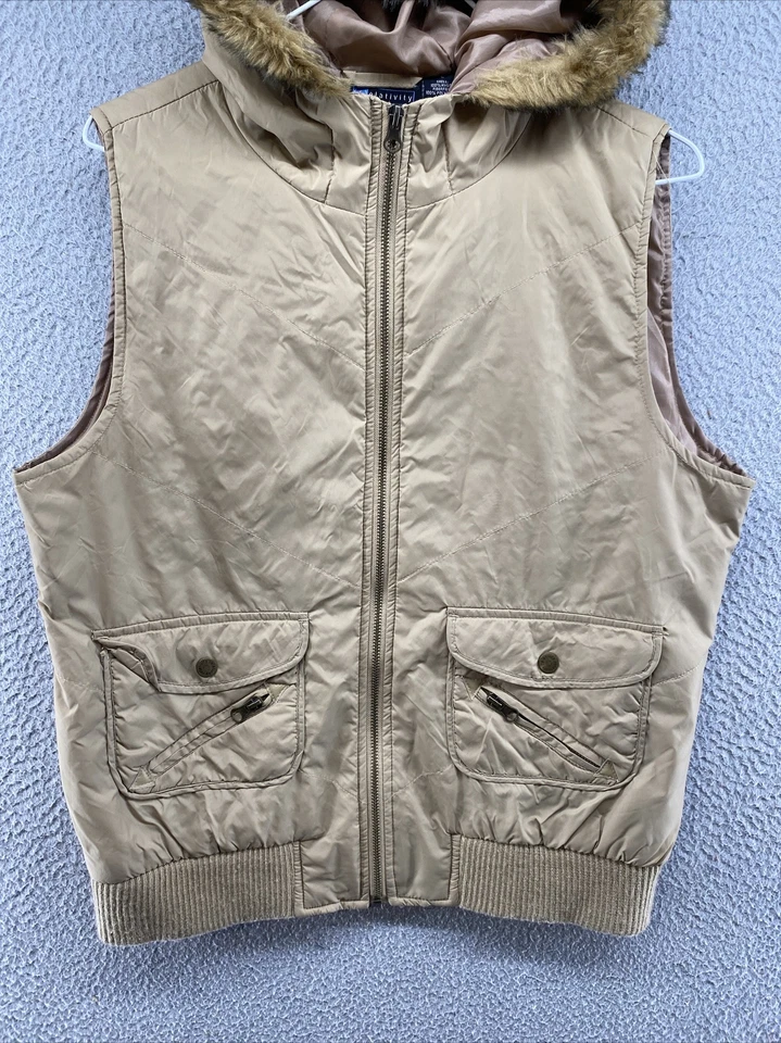 Chaleco Relativity Mujer Piel Sintética Capucha Cremallera Completa Nylon Beige Talla Grande Foto 2 de 4