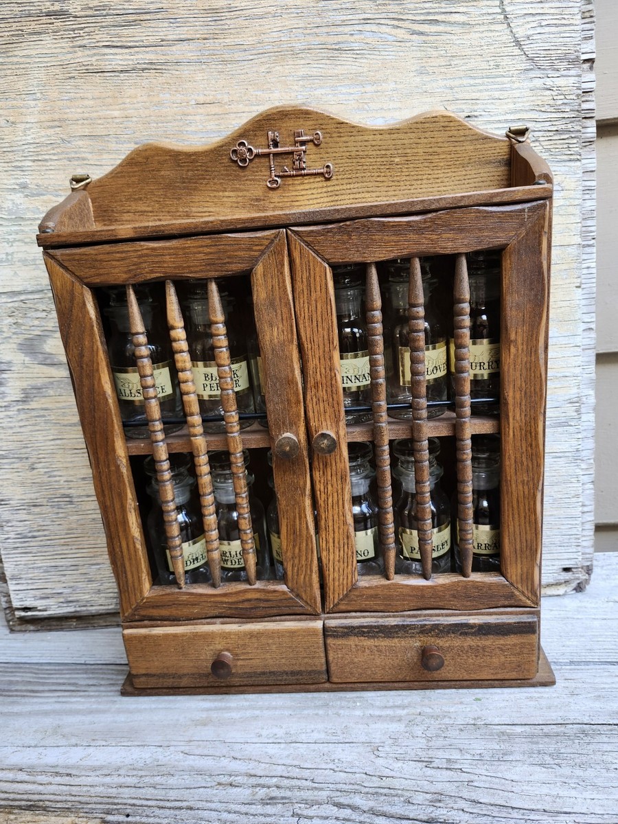 Vtg 60s Wooden Spice Rack W/ Doors / 12 Labeled glass Bottles 2