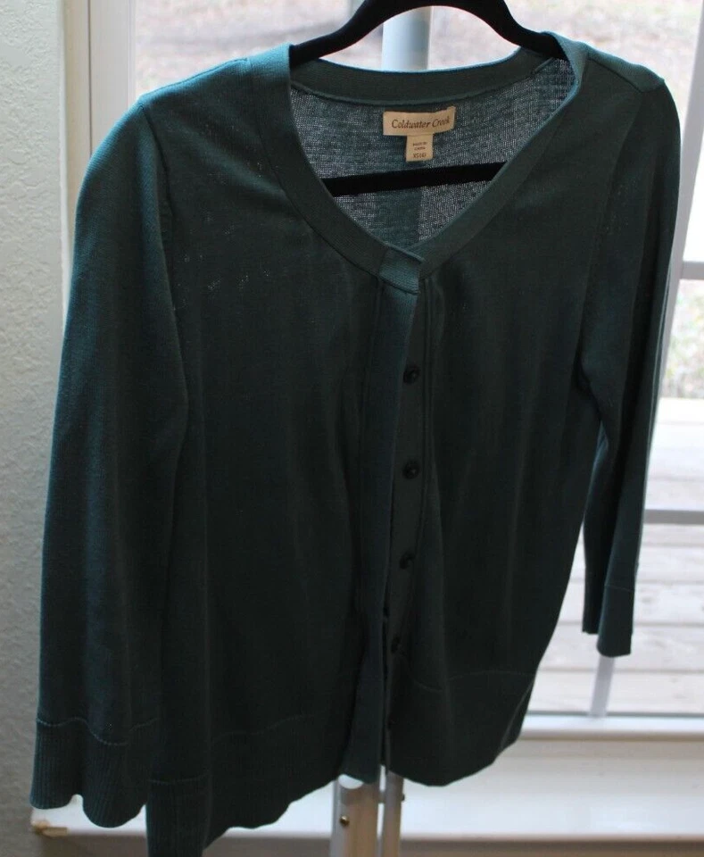 Coldwater Creek Teal Button Cardigan 3/4 Sleeve Sweater Silk Cotton Blend XS - Image 2 of 4