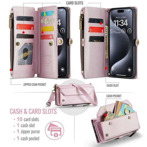 For iPhone 16 15 14 13 12 Pro Max Plus Case Wallet Leather ZIP Bag Strap Cover - Picture 50 of 84