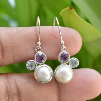 Harshad Silver Jewelry Ohrringe Süßwasserperle Topas Amethyst 925 Silber Haken - Bild 1 von 4