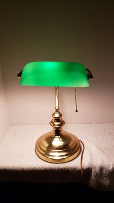 Vintage Bankers Brass Desk Lamp Emerald Green Glass Shade Brass