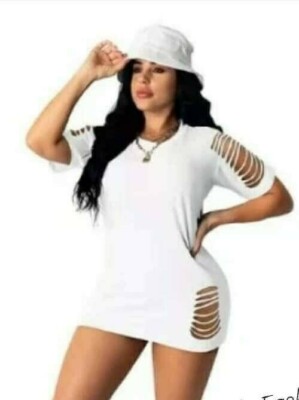 Distressed white T-shirt dress size Large , material is polyester. | eBay