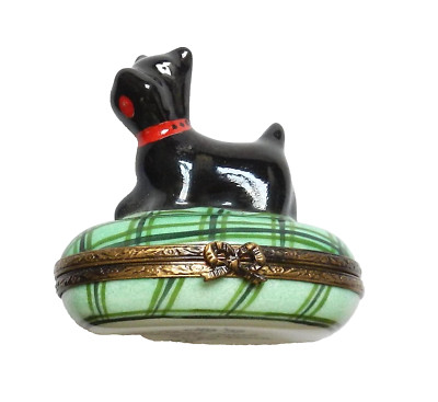 Limoges - Peint Main Porzellan Scottie Hund Scottish Terrier Schmuckschatulle