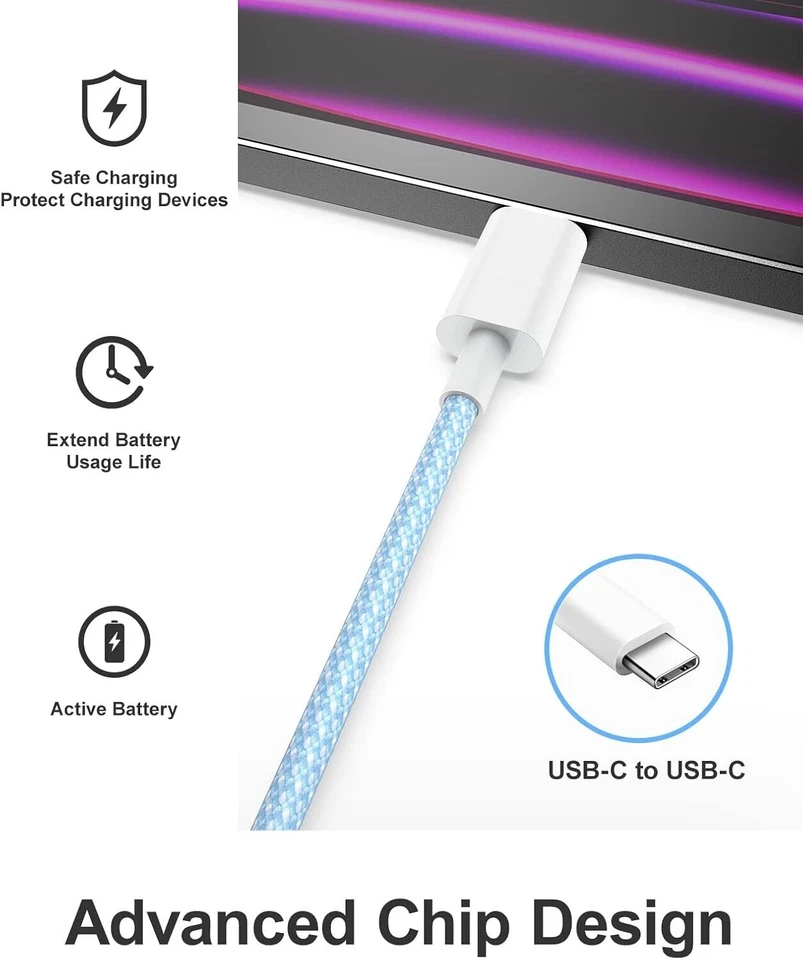 Fast Charger Braided USB-C to USB-C Cable Type C Lead For iPhone 17 16 15 ProMax - Image 3 of 4