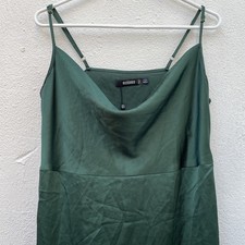 Misguided Satin Slip Dress Womens 14 Large Green Silky Strappy Midi Boho Sexy