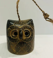 Vintage MCM Large Stoneware Owl Hanging Bell Dinner Bell Wind Chime