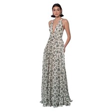 Jenny Yoo Robin Print Floral Halter Maxi Dress Green Ivory Bridesmaid Size 12