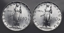 1951 & 1952 Vatican City 10 Lire Pius XII - Unc Coins (2) KM# 52