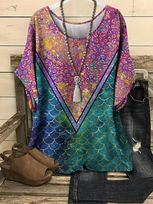 NEW PLUS SIZE 18 MULTICOLOUR  ABSTRACT T SHIRT TOP BLOUSE STRETCH SHORT SLEEVE