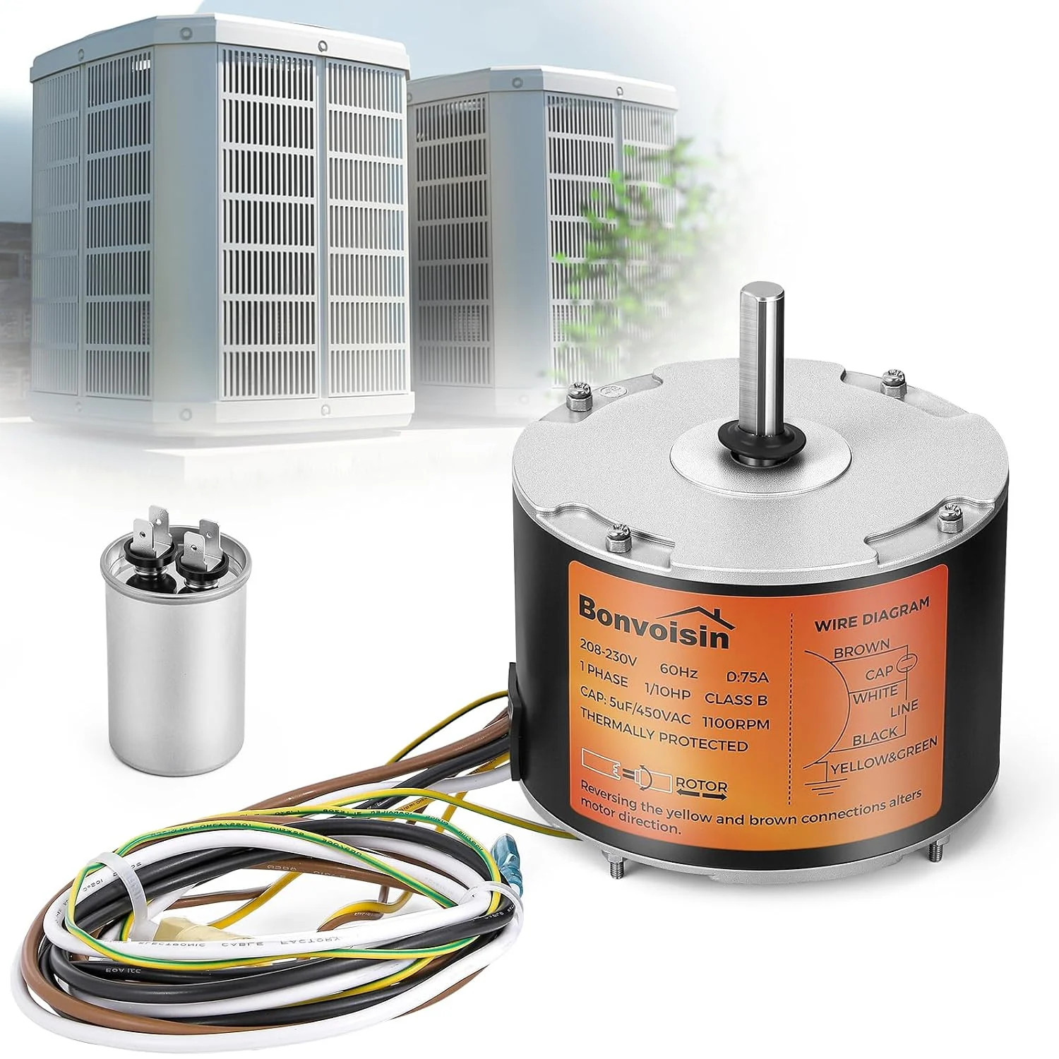 Bonvoisin Condenser Fan Motor 1/10 HP, 1100 RPM, AC Replacement Condenser Fan Mo