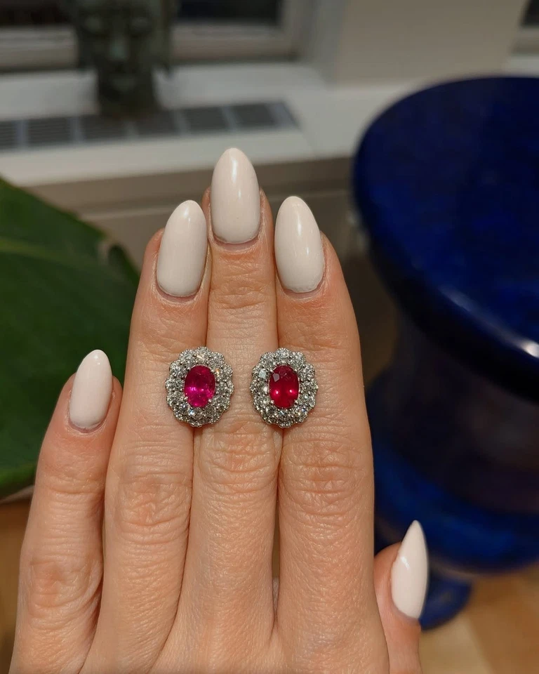 Ruby Earrings 14k Natural Ruby Diamond Earring 14k White Gold Ruby Stud Earring - Image 3 of 3