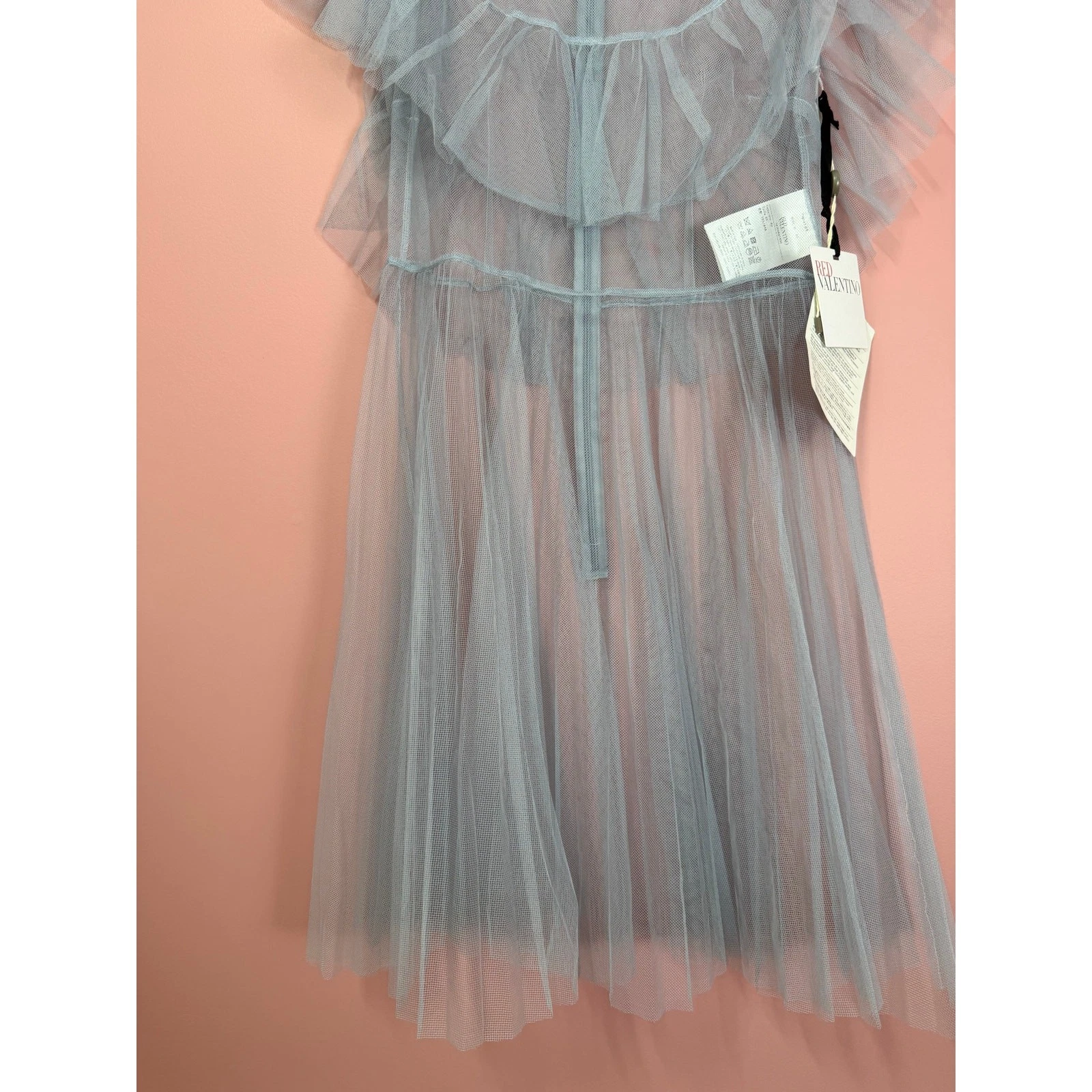 ROSSO Valentino Mini Abito Soprabito in Tulle con Ruffle Blu Taglia 40 Small