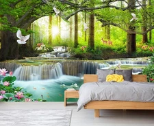 Waterfall Bird Animal Forest Landscape Wall Murals Peel and Stick 141.7"x98.4...