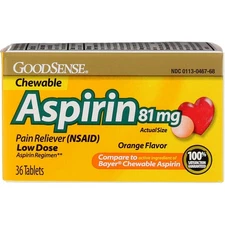 3 Pack GoodSense Aspirin Pain Reliever Chewable Tablets, Orange, 81 mg, 36 Ct
