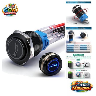 Pre-Wired 16MM Speaker Horn Push Button Switch with 12V Blue LED Light for Cars