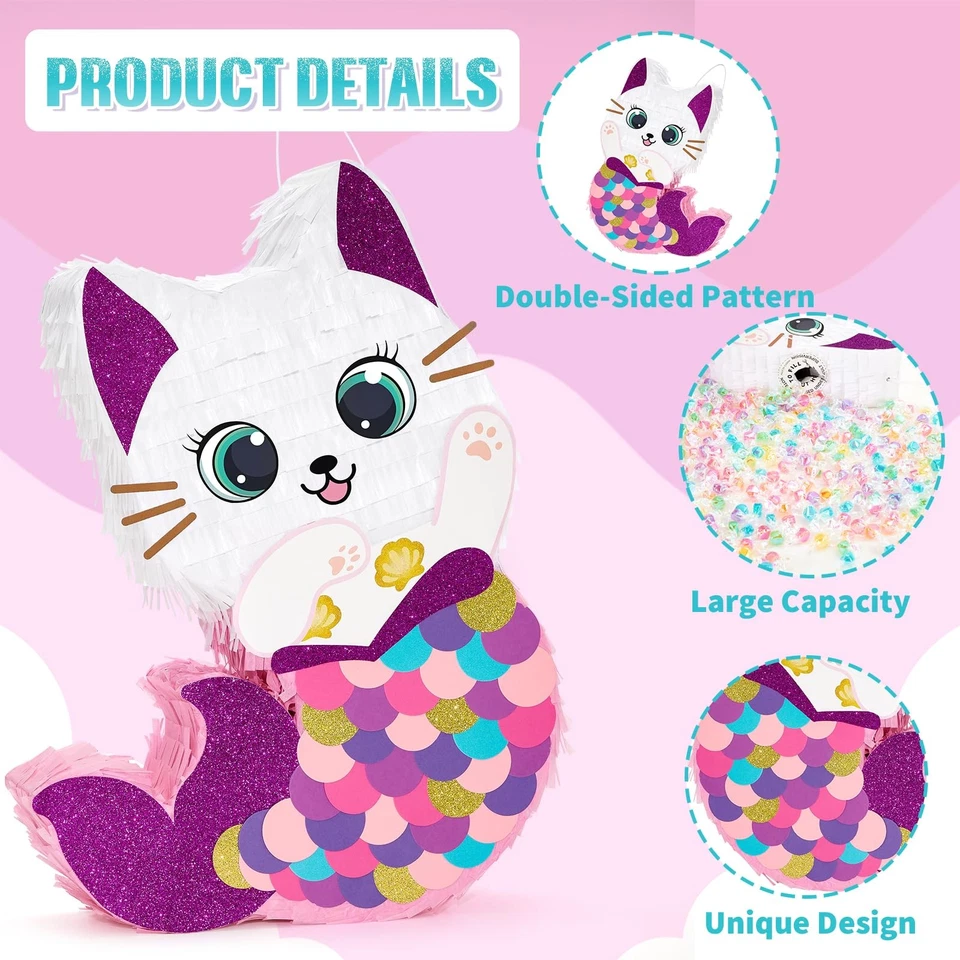 Mermaid Cat Piñata - Birthday Party Decorations with Blindfold Bat - Image 4 of 4