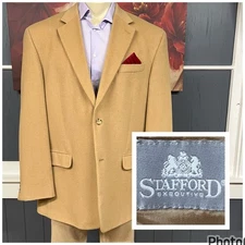 Vintage Stafford Camel Hair Blazer Jacket Men 46L Long Relaxed Fit Khaki Flannel