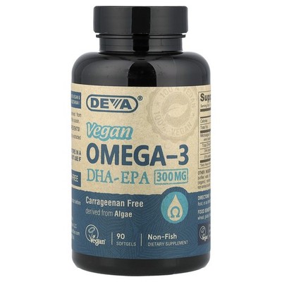 Deva Vegan Omega-3 DHA-EPA 300 mg 90 Vegan Softgels Dairy-Free, Ecofriendly,