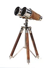 Victorian Binoculars Solid Brass 7" w/ Tripod Wood, Nickel Finish Nautical Decor