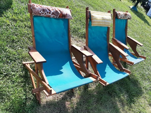 Vintage Mid Century Modern Sling Folding Canvas Wood Lounge Beach Lawn Chair Vintage Mid Century Modern Sling, Vintage Wooden Sling Chairs