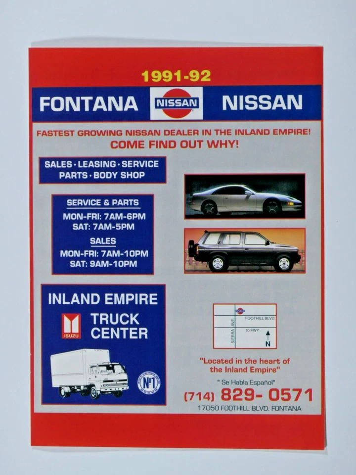 Anuncio impreso original Fontana Nissan California Regional Vintage 1991 8,5 x 11" Foto 4 de 4