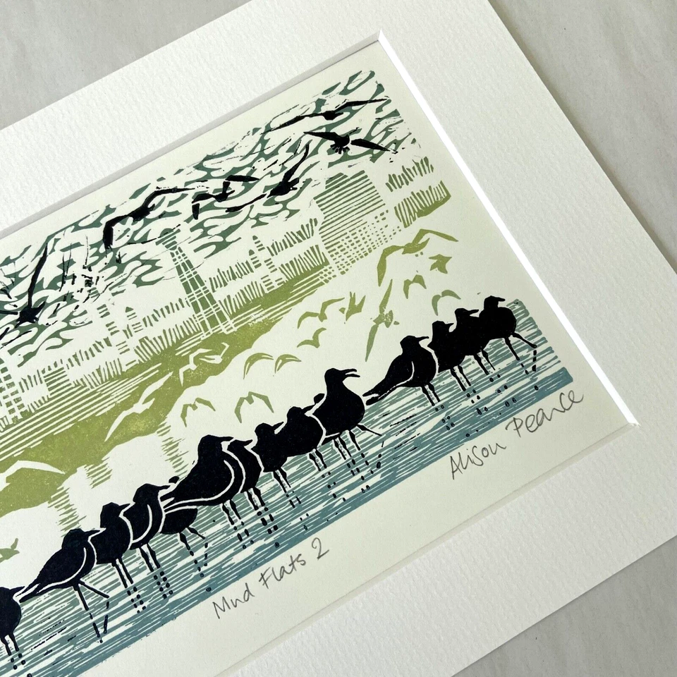 Pájaro arte original firmado Mud Flats 2 naturaleza linocut impresión edición limitada Foto 3 de 4