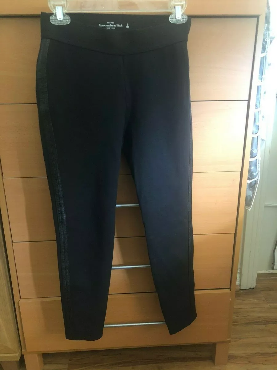 Abercrombie Fitch Pull On Stretch Pants w Side Lether Strips Black Petit Small