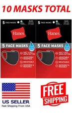 Hanes 100% Cotton Fabric Reusable Face Mask Washable Comfortable 10 Masks BLACK