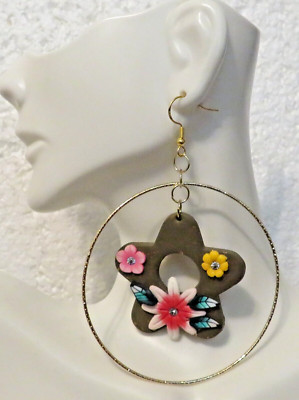 Blossom Gala 3'' Hoop Earrings- Open Brown Star & Floral Latex Dangle Earrings