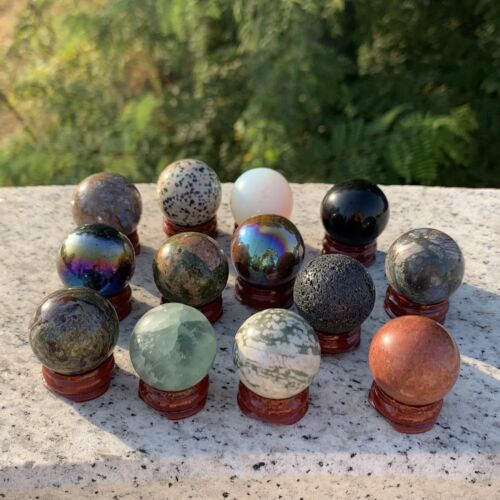 13PC Natural A Lot Of Quartz unakite moss agate obsidian magic sphere ball +base - Picture 1 of 15