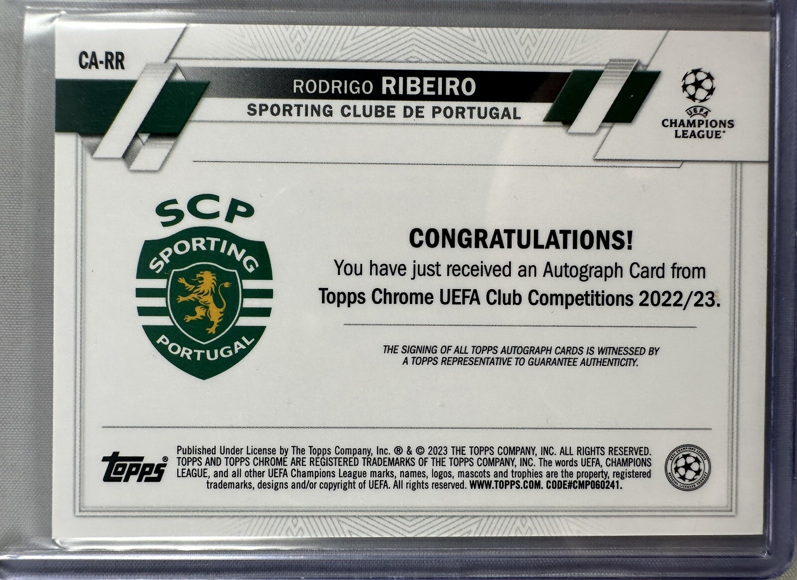Rodrigo Ribeiro 2022-23 Topps Chrome UEFA UCC Refractor RC Auto Rookie Sporting view 2