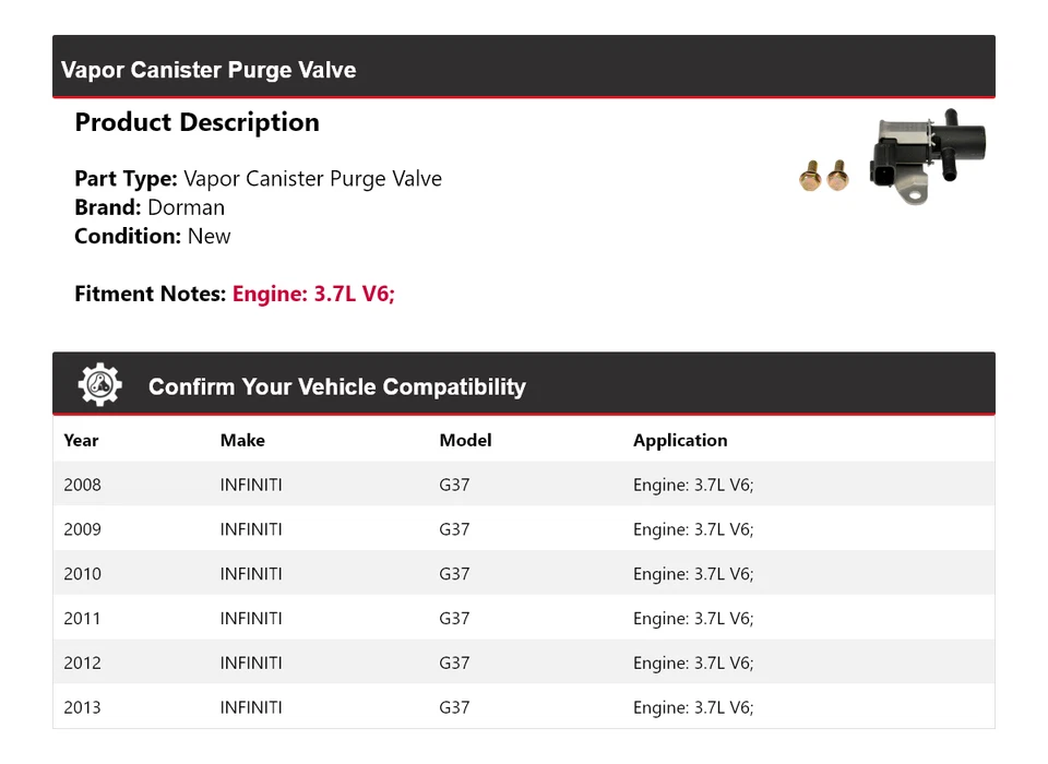 Válvula de purga de bote de vapor Dorman 3,7 L Infiniti G37 2008-2013 2009 2010 Foto 2 de 4