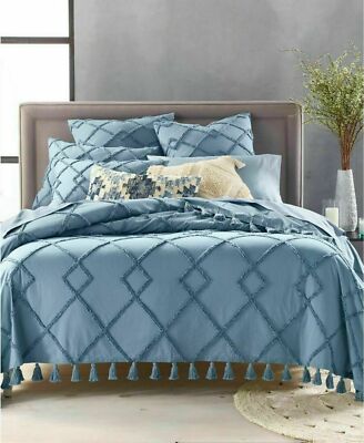 $200 Lucky Brand Blue Diamond Tufted Bed Cover Queen 100% Cotton