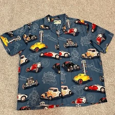 Paradise Found Vintage Cars Men’s Button Front Aloha Blue Shirt Rayon XL
