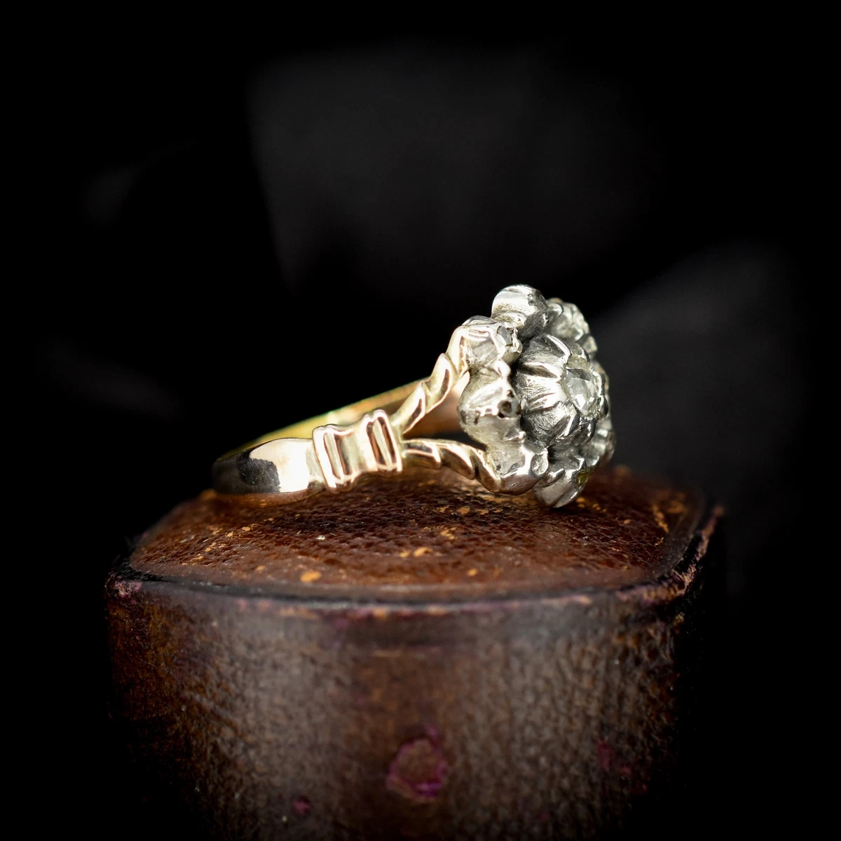 Elegant Vintage Gold and Silver Cluster Ring with Rose Cut Diamonds