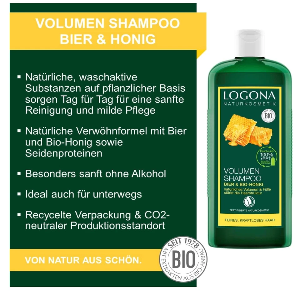 Champú Logona Volume cerveza y miel 8,5 fl oz (250 ml) para cabello volumétrico y brillante Foto 3 de 4
