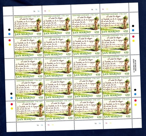 SAN MARINO 1998 BICENTENARIO NASCITA DI GIACOMO LEOPARDI IN FOGLI MNH** - Picture 2 of 4