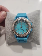 Geneva Platinum Watch Blue Rubber Band Blue/Teal Face Rhinestones EUC