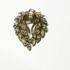 Vtg CROWN TRFARI Large Crystal leaves Gold tone Pin Brooch Designer Runway