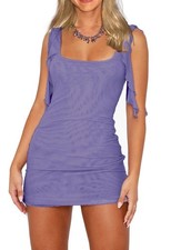 Women Sexy Bodycon Square Neck Mesh Sleeveless Mini Dress Club Party. Purple XS