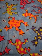 Colorful Frogs Salamanders Insects On Blue Cotton Fabric 36" X 48"