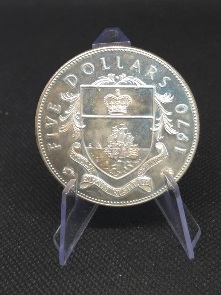 1970 BAHAMA ISLANDS FIVE DOLLARS ELIZABETH II .925 SILVER COIN - Image 2 of 2