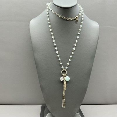 Bella Jack Necklace Gold Tone Blue Beaded Long Leaf Pendant Tassel Boho Jewelry