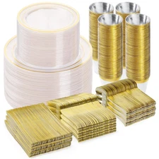 600PCS Clear Gold Dinnerware Set for 100 Guests, Plastic Plates for Party, Ch...