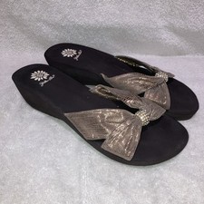 Yellow Box Bronze Shimmer Fabric Bow Wedge Slide Sandals Rhinestone Accent Sz 12